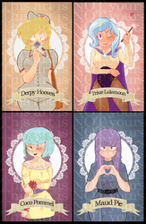 Size: 588x903 | Tagged: safe, artist:sitting-on-tear, coco pommel, derpy hooves, maud pie, trixie, human, g4, belt, blushing, clothes, humanized, leotard, letter, magician outfit, old banner, portrait, uniform, wand, watermark