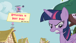 Size: 960x540 | Tagged: safe, edit, screencap, applejack, cherry berry, twilight sparkle, alicorn, pony, g4, testing testing 1-2-3, angry, aviator hat, best pony, female, frown, gritted teeth, hat, helicopter, mare, op is trying to start shit, pedalcopter, sign, twilight sparkle (alicorn)