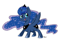 Size: 1024x667 | Tagged: safe, artist:yoonny92, princess luna, g4, chibi, female, filly, open mouth, simple background, smiling, solo, spread wings, woona