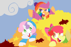 Size: 1900x1261 | Tagged: safe, artist:frog&cog, apple bloom, scootaloo, sweetie belle, g4, autumn, clothes, cutie mark crusaders, earmuffs, hat, jacket, leaves, scarf, sweater