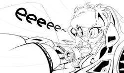 Size: 2197x1301 | Tagged: source needed, safe, artist:xn-d, oc, oc only, oc:heartbeat, bat pony, pony, clothes, crossover, driving, eeee, fangs, female, freckles, goggles, hoverbike, lineart, looking at you, mare, monochrome, open mouth, redline, simple background, smiling, solo, tilde, white background