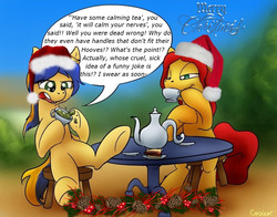 Size: 1008x791 | Tagged: safe, artist:conicer, artist:merlos the mad, edit, oc, oc:erin olsen, oc:mary morris, oc:sunflower, fanfic:my little marriage, fanfic:project sunflower, christmas, crossover, fanfic art