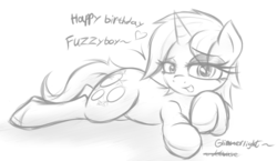 Size: 7023x4063 | Tagged: safe, artist:jetwave, oc, oc only, oc:glimmerlight, pony, fallout equestria, fallout equestria: murky number seven, absurd resolution, bedroom eyes, birthday gift, heart, monochrome, sketch, solo