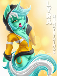 Size: 1521x2000 | Tagged: safe, artist:knifeh, lyra heartstrings, pony, unicorn, semi-anthro, g4, bipedal, chest fluff, clothes, featureless crotch, female, hoodie, mare, one eye closed, solo, tongue out, yawn