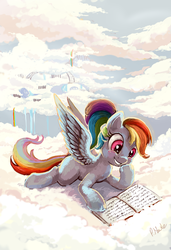 Size: 1350x1979 | Tagged: safe, artist:eiolf, rainbow dash, g4, alternate hairstyle, book, cloud, cloudsdale, cloudy, female, ponytail, rainbow dork, reading, smiling, solo