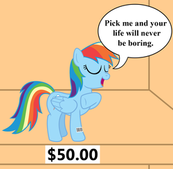 Size: 1177x1148 | Tagged: safe, artist:vincentthecrow, part of a set, rainbow dash, g4, barcode, bronybait, female, ponies for sale, price tag, shut up and take my money, solo, speech bubble