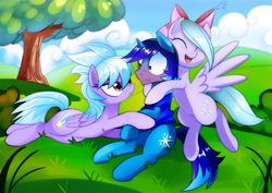 Size: 1535x1085 | Tagged: safe, artist:si1vr, cloudchaser, flitter, oc, oc:light shine, pony, unicorn, g4, bedroom eyes, blushing, canon x oc, eyes closed, female, field, flirting, grabbing, grin, group, hug, male, open mouth, prone, scrunchy face, sitting, smiling, spread wings, straight, trio