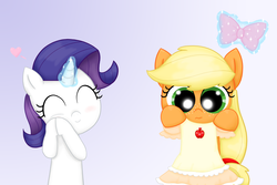 Size: 5153x3438 | Tagged: safe, artist:poppun, applejack, rarity, g4, absurd resolution, clothes, dress, filly, heart, magic, ribbon, younger