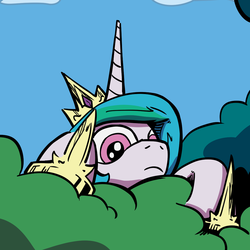 Size: 1100x1100 | Tagged: safe, artist:lovelyneckbeard, princess celestia, pony, g4, bush, creeper, cropped, day, female, hiding, i can't believe it's not idw, lurking, mare, reaction image, solo, soon