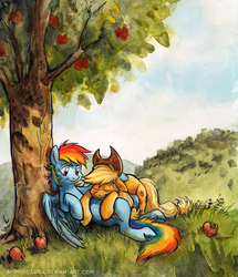 Size: 607x707 | Tagged: safe, artist:kenket, artist:spainfischer, applejack, rainbow dash, pony, g4, across lap, apple, complex background, day, eyes closed, female, food, grass, head on lap, lesbian, looking at someone, outdoors, scenery, ship:appledash, shipping, sleeping, traditional art, tree, under the tree, watercolor painting, wings