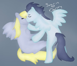 Size: 557x475 | Tagged: safe, artist:emerlees, derpy hooves, soarin', pegasus, pony, g4, blank flank, derpin', derpy hooves gets all the stallions, eyes closed, female, heart, kissing, male, mare, shipping, straight
