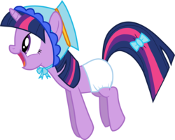 Size: 2197x1755 | Tagged: safe, artist:mighty355, twilight sparkle, pony, unicorn, g4, adult foal, bonnet, bow, diaper, diaperlight sparkle, female, happy, jumping, mare, non-baby in diaper, simple background, solo, transparent background, unicorn twilight, white diaper