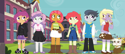 Size: 2004x876 | Tagged: safe, artist:schwarzekatze4, apple bloom, babs seed, dinky hooves, rumble, scootaloo, sweetie belle, oc, oc:ganache, cat, ask the harmony crusaders, equestria girls, g4, alternate universe, equestria girls-ified, harmony-verse, species swap