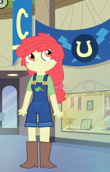 Size: 416x653 | Tagged: safe, artist:schwarzekatze4, apple bloom, equestria girls, g4, alternate universe, female, harmony-verse, overalls, solo