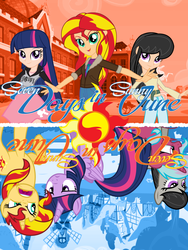 Size: 768x1024 | Tagged: safe, artist:rob barba, octavia melody, sunset shimmer, twilight sparkle, oc, oc:raspberry beryl, pony, unicorn, seven days in sunny june, equestria girls, g4, alternate design, angry, bomber jacket, clothes, crying, fanfic art, fanfic cover, humanized, inverted, japanese, kanji, mirrored, twilight sparkle (alicorn)