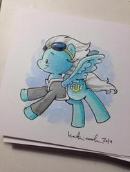 Size: 852x1136 | Tagged: safe, artist:katie cook, fleetfoot, pegasus, pony, g4, bomber jacket, female, flying, mare, solo, traditional art, warmup suit