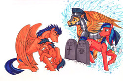 Size: 3255x2144 | Tagged: safe, artist:whitefangkakashi300, first base, flash sentry, oc, g4, armor, brothers, clothes, crying, gravestone, high res, hug, orange bros, parent, scarf