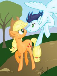 Size: 774x1032 | Tagged: safe, artist:some-pegasister, applejack, soarin', g4, boop, eye contact, female, flying, male, noseboop, ship:soarinjack, shipping, smiling, straight
