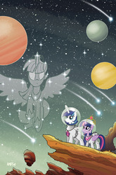 Size: 755x1147 | Tagged: safe, artist:tony fleecs, idw, shining armor, twilight sparkle, alicorn, pony, g4, astronaut, constellation, cover, female, jetpack, mare, planet, ponies in space, shooting star, space, spacesuit, stars, twilight sparkle (alicorn)