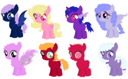 Size: 955x595 | Tagged: safe, artist:coloursofthewind1999, artist:crystalstoneglow, artist:selenaede, oc, oc only, bat pony, earth pony, original species, pegasus, pony, unicorn, artequine, blind eye, broken horn, cloudequine, filly, fluffy, group, heartequine, horn, sombra eyes