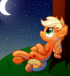 Size: 843x904 | Tagged: safe, artist:zoiby, applejack, g4, crescent moon, female, moon, night, relaxing, solo, starry night, stars, transparent moon, tree
