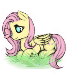 Size: 550x623 | Tagged: safe, artist:sugarwaterbomb, fluttershy, butterfly, g4, cute, female, grass, prone, smiling, solo