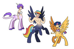 Size: 3000x2000 | Tagged: safe, artist:kianamai, oc, oc only, oc:crystal clarity, oc:prism bolt, oc:starburst, centaur, dracony, hybrid, kilalaverse, bandage, belly button, bra, clothes, high res, interspecies offspring, next generation, offspring, open mouth, parent:flash sentry, parent:rainbow dash, parent:rarity, parent:soarin', parent:spike, parent:twilight sparkle, parents:flashlight, parents:soarindash, parents:sparity, raised hoof, rearing, simple background, smiling, spread wings, underwear, white background