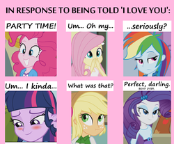 Size: 1150x950 | Tagged: safe, applejack, fluttershy, pinkie pie, rainbow dash, rarity, twilight sparkle, equestria girls, g4, 6 pony meme, bend over, blushing, exploitable meme, mane six, meme, scrunchy face