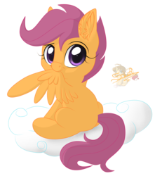 Size: 707x800 | Tagged: safe, artist:unisoleil, scootaloo, pony, g4, biting, cloud, cute, cutealoo, female, mouth hold, nom, on a cloud, preening, simple background, solo, transparent background, wing bite, wing noms