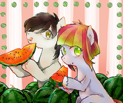 Size: 526x444 | Tagged: safe, artist:chi-hayu, oc, oc only, oc:melon drop, earth pony, pony, female, food, fruit, looking at you, male, mare, stallion, tongue out, watermelon
