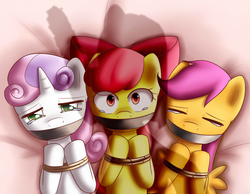 Size: 1549x1200 | Tagged: safe, artist:dyoung, apple bloom, pinkie pie, scootaloo, sweetie belle, earth pony, pony, g4, bondage, crying, cutie mark crusaders, female, filly, gag, imminent death, kidnapped, necktie, pinkamena diane pie, pixiv, rope, saw, scootabuse, sweetiebuse, tape gag, this will end in death, this will end in tears, this will end in tears and/or death