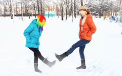 Size: 2472x1539 | Tagged: safe, artist:buldozhka, applejack, rainbow dash, human, g4, cosplay, irl, irl human, photo, snow