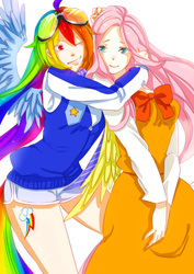 Size: 2480x3507 | Tagged: safe, artist:daikoku, fluttershy, rainbow dash, human, g4, goggles, high res, hug from behind, humanized, pixiv, tailed humanization, winged humanization