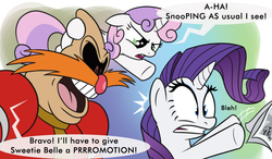 Size: 1024x600 | Tagged: safe, artist:glancojusticar, edit, rarity, sweetie belle, g4, ponyville confidential, adventures of sonic the hedgehog, bleh, caught, cropped, crossover, dialogue, doctor eggman, floppy ears, glare, gritted teeth, male, newspaper, open mouth, pingas, pointing, promotion, scene interpretation, scene parody, sonic the hedgehog, sonic the hedgehog (series), speech bubble, wide eyes
