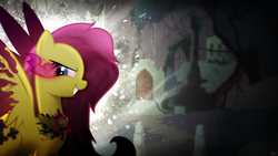 Size: 1920x1080 | Tagged: safe, artist:amoagtasaloquendo, artist:rainbownspeedash, fluttershy, g4, castle, corrupted, element of kindness, evil, female, glowing eyes, ruins, shadow, solo, sombra eyes, vector, wallpaper