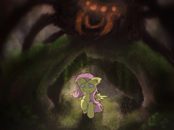 Size: 2048x1536 | Tagged: safe, artist:fuzzyfox11, fluttershy, spider, g4, big, dark, scared