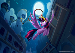 Size: 4092x2893 | Tagged: safe, artist:l1nkoln, twilight sparkle, alicorn, pony, g4, female, flying, lasso, low angle, mare, night, solo, twilight sparkle (alicorn), window