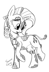 Size: 683x1000 | Tagged: safe, artist:saine grey, rarity, cow, g4, bell, bell collar, collar, cowbell, cowified, ear tag, female, grayscale, horn, monochrome, raised hoof, raricow, simple background, solo, species swap, udder, vein, white background