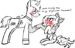 Size: 643x416 | Tagged: safe, artist:ourstarsarefaulty, trenderhoof, oc, oc:kimi sparkle, g4, blushing, canon x oc, eye contact, holding hooves, open mouth, shipping, sitting, smiling