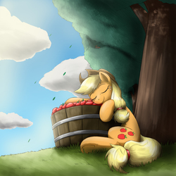 Size: 2843x2848 | Tagged: safe, artist:otakuap, applejack, oc, oc:fluffy the bringer of darkness, giant moth, moth, g4, apple, cloud, cloudy, high res, sleeping, solo, tree, underhoof