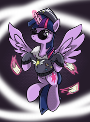 Size: 1299x1748 | Tagged: safe, artist:mrasianhappydude, commander easy glider, twilight sparkle, alicorn, pony, g4, testing testing 1-2-3, ancient wonderbolts uniform, clothes, female, flash cards, jacket, mare, solo, sunglasses, twilight sparkle (alicorn)