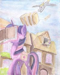 Size: 2268x2835 | Tagged: safe, artist:plainoasis, bon bon, derpy hooves, sweetie drops, twilight sparkle, pegasus, pony, unicorn, g4, book, facebook, facebooking, female, flying, frown, high res, imminent pain, levitation, magic, mare, open mouth, reading, saddle bag, telekinesis, this will end in pain, traditional art, walking, working