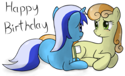 Size: 1280x784 | Tagged: safe, artist:pterocorn, junebug, minuette, earth pony, pony, unicorn, g4, ask, duo, female, happy birthday, junebug answers, looking at each other, looking at someone, mare, toothbrush, tumblr