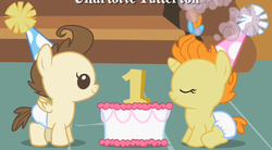Size: 1246x689 | Tagged: safe, screencap, pound cake, pumpkin cake, baby cakes, g4, baby, baby pony, cake, cake twins, cute, diaper, diapered, diapered colt, diapered filly, diapered foals, female, filly, happy, happy babies, hat, one month old colt, one month old filly, one month old foals, party hat, siblings, sitting, smiling, standing, twins, white diapers