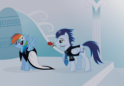 Size: 1024x713 | Tagged: safe, artist:madzik0107, rainbow dash, soarin', g4, alternate dress, alternate suit, clothes, dress, female, flower, male, old cutie mark, rose, ship:soarindash, shipping, straight, wonderbolts dress uniform