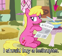 Size: 321x288 | Tagged: safe, edit, screencap, cherry berry, earth pony, pony, g4, too many pinkie pies, angry, animated, background pony, caption, female, frown, glare, grumpy, helicopter, i should buy a boat, mare, newspaper, shifty eyes, sitting, solo