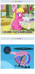 Size: 284x597 | Tagged: safe, cherry berry, derpibooru, g4, my little pony: friendship is magic, testing testing 1-2-3, exploitable meme, grumpy, helicopter, juxtaposition, juxtaposition win, meme, meta, pedalcopter