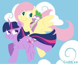 Size: 968x803 | Tagged: safe, artist:coggler, fluttershy, spike, twilight sparkle, alicorn, dragon, pegasus, pony, g4, :t, blue background, cloud, cute, dragons riding ponies, female, flying, frown, gritted teeth, lidded eyes, looking back, looking down, male, mare, riding, scared, simple background, sky, smiling, smirk, spike riding fluttershy, spread wings, trio, twilight sparkle (alicorn), wide eyes, wings