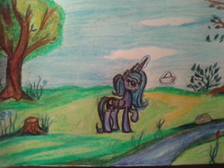 Size: 2560x1920 | Tagged: safe, artist:gpgo-sparkling-panda, princess luna, g4, alternate hairstyle, female, nature, paper ship, river, solo, traditional art