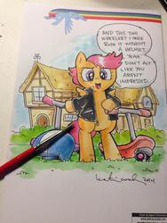 Size: 852x1136 | Tagged: safe, artist:katie cook, rainbow dash, scootaloo, g4, clothes, female, jacket, scooter, solo, traditional art